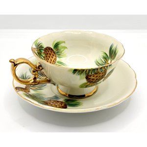 Vintage E W Hand Painted Princess Bone China Pinecone Teacup and Saucer Set